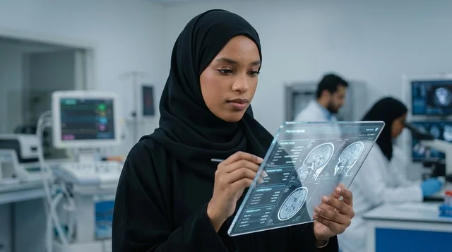 A Saudi female scientist in a hijab working in a lab with a futuristic screen.