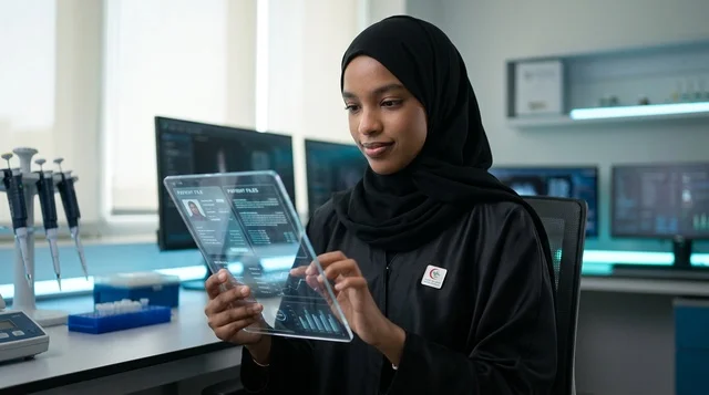 Saudi Female Scientist in Lab with Futuristic Tablet