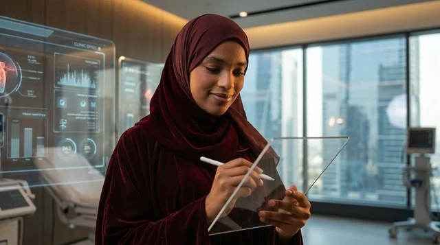 Emirati Female Doctor Using Futuristic Tablet in Clinic