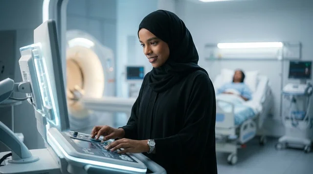 عالمة سعودية بالحجاب تعمل في مختبر مع شاشة مستقبلية