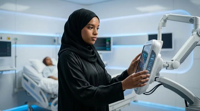 A Saudi female scientist in a hijab working in a lab with a futuristic screen.