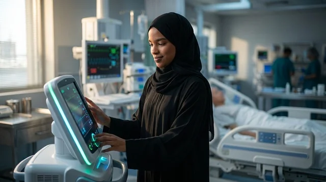 طبيبة عربية بالعباءة تشغل جهاز مراقبة في المستشفى