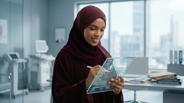 Muslim Woman with Transparent Tablet in Modern Office