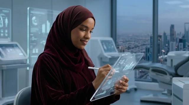 امرأة سعودية تستخدم جهاز لوحي شفاف في الرياض