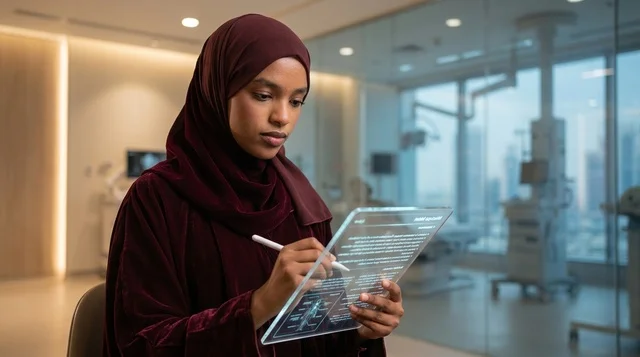 Arab Woman with Transparent Tablet in Modern Clinic