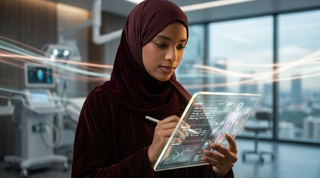 A Saudi female scientist in a hijab working in a lab with a futuristic screen.
