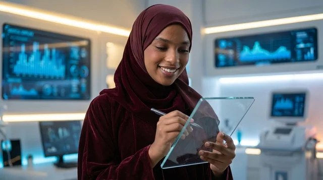 Saudi Woman Using Futuristic Glass Tablet in Tech Lab