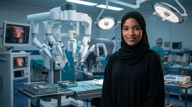 A Saudi female scientist in a hijab working in a lab with a futuristic screen.
