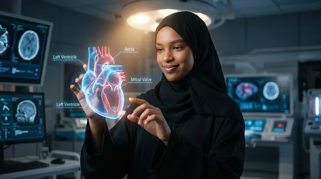 عالمة سعودية بالحجاب تعمل في مختبر مع شاشة مستقبلية