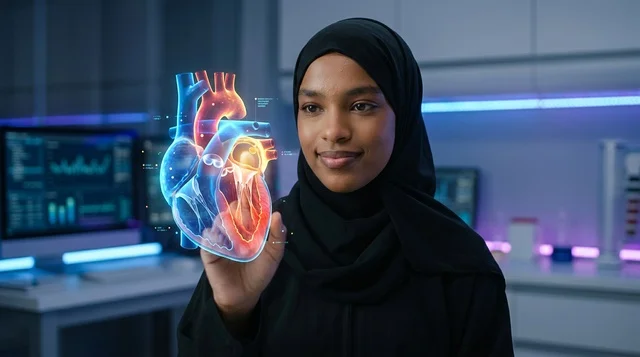 Saudi Female Doctor Interacting with Heart Hologram