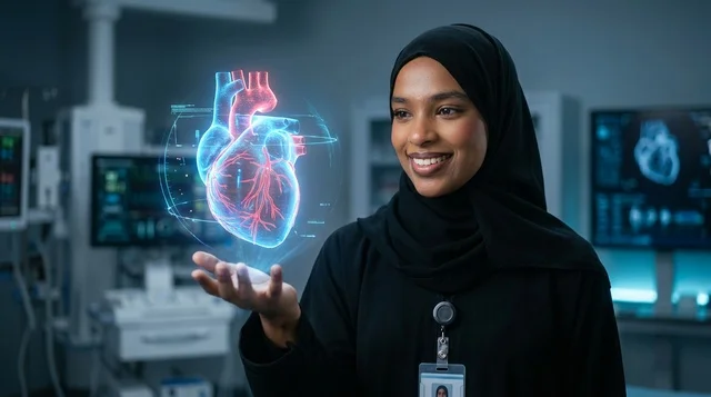 عالمة سعودية بالحجاب تعمل في مختبر مع شاشة مستقبلية