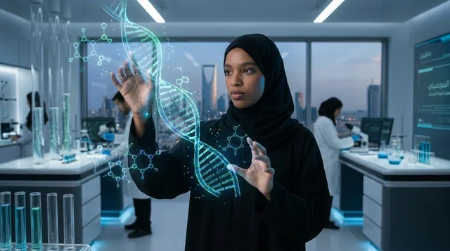 عالمة سعودية في مختبر بالرياض مع هولوغرام حمض نووي