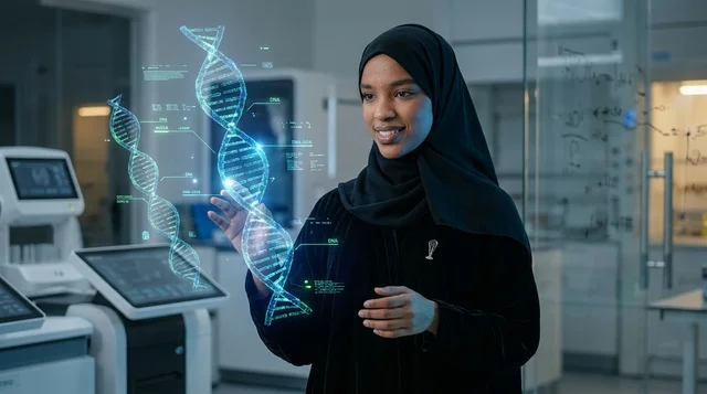 Arab Female Scientist in Modern Lab with DNA Hologram