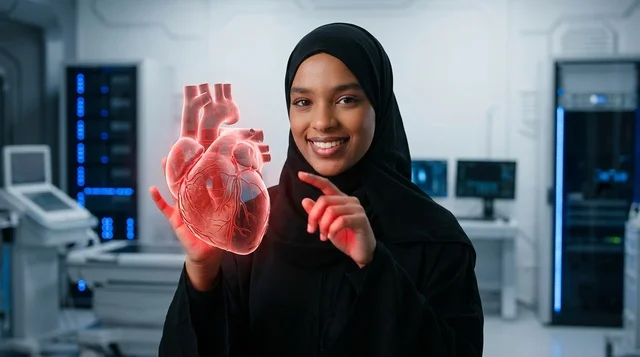عالمة سعودية بالحجاب تعمل في مختبر مع شاشة مستقبلية