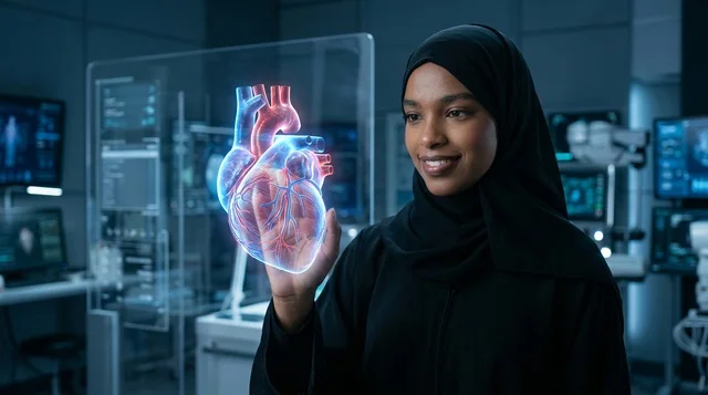 Saudi Female Doctor Examining 3D Heart Hologram in Lab