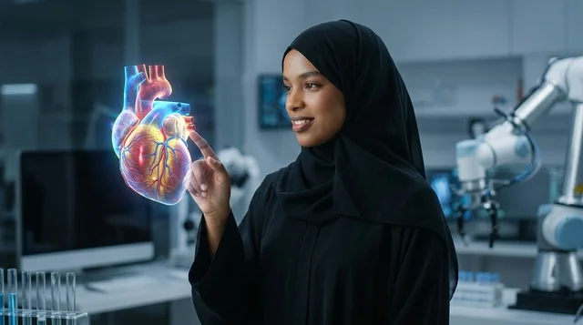 عالمة سعودية بالحجاب تعمل في مختبر مع شاشة مستقبلية