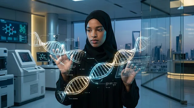A Saudi female scientist in a hijab working in a lab with a futuristic screen.