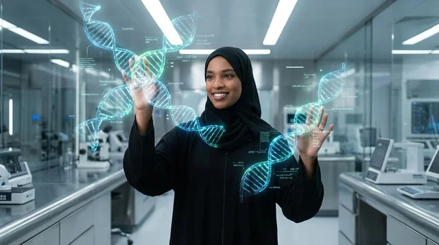 عالمة سعودية في مختبر تفاعلي مع هولوغرام حمض نووي