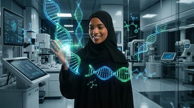 عالمة سعودية بالحجاب تعمل في مختبر مع شاشة مستقبلية
