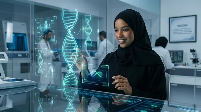 عالمة إماراتية تتفاعل مع هولوغرام الحمض النووي في مختبر
