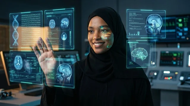 عالمة سعودية تستخدم شاشة هولوغرام طبية تفاعلية في مختبر