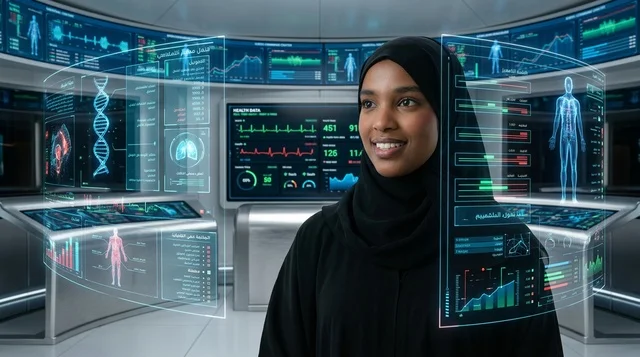 عالمة سعودية بالحجاب تعمل في مختبر مع شاشة مستقبلية