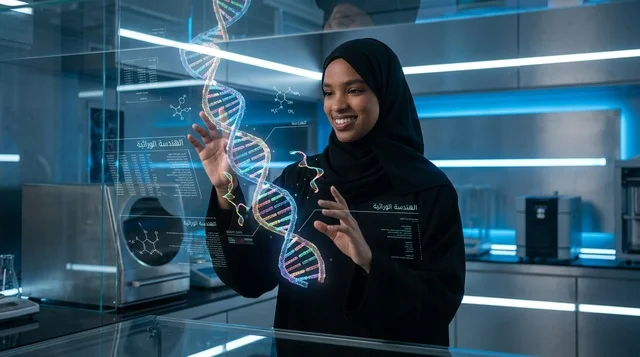 Saudi Female Scientist with DNA Hologram in Modern Lab