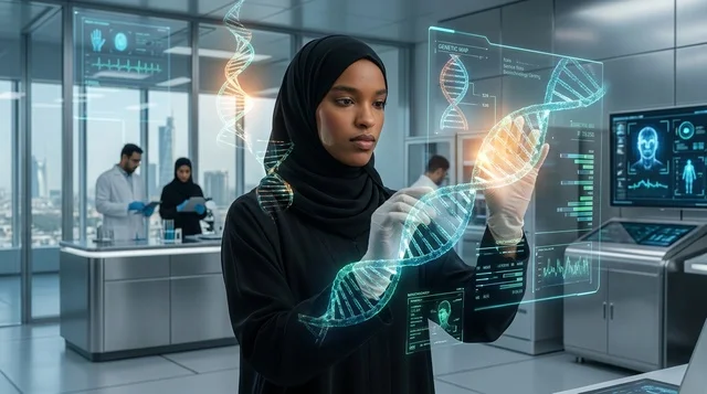 Saudi Female Scientist with DNA Hologram in Tech Lab