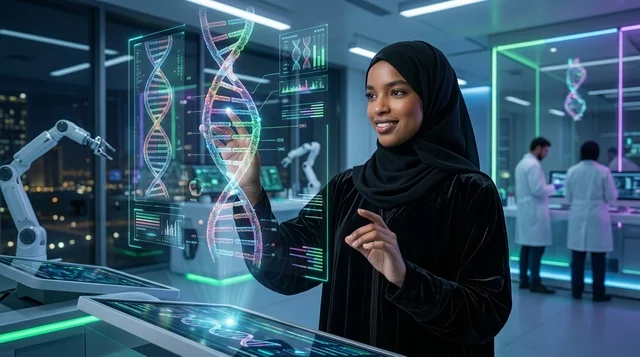 Saudi Female Scientist with Futuristic DNA Hologram Lab