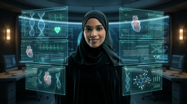 عالمة سعودية بالحجاب تعمل في مختبر مع شاشة مستقبلية