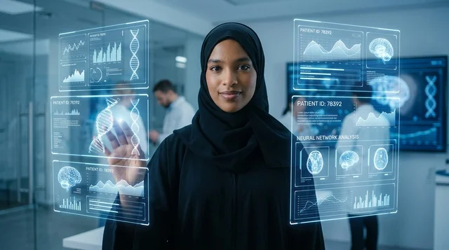 باحثة سعودية تتفاعل مع شاشات هولوغرام في مختبر طبي