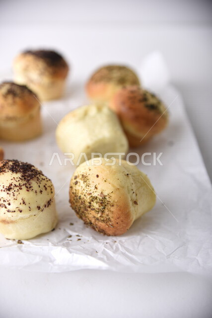 Variety of Delicious Hot Bakery, Fresh Popular Bakery, Bakery and Pastry, Stuffed Hollow Cake Discs, Delicious Food, White Background