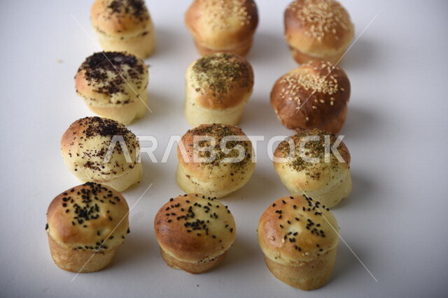Variety of Delicious Hot Bakery, Fresh Popular Bakery, Bakery and Pastry, Stuffed Hollow Cake Discs, Delicious Food, White Background