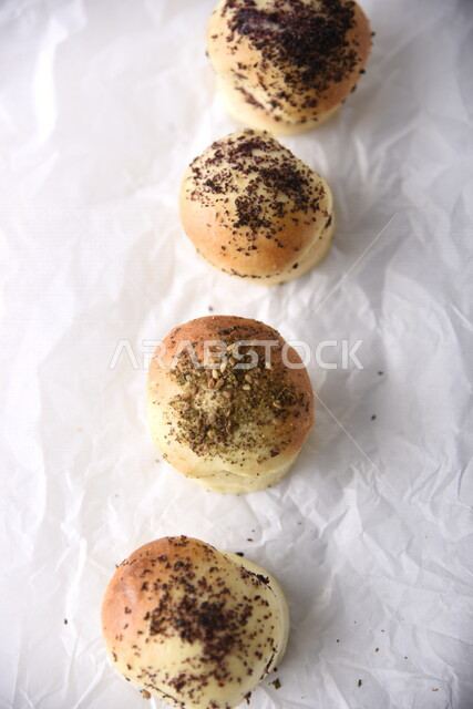 Variety of Delicious Hot Bakery, Fresh Popular Bakery, Bakery and Pastry, Stuffed Hollow Cake Discs, Delicious Food, White Background