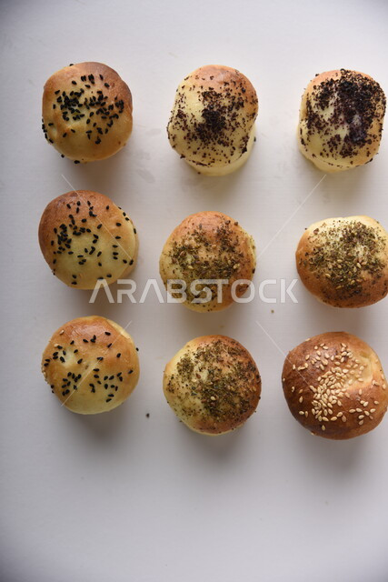 Variety of Delicious Hot Bakery, Fresh Popular Bakery, Bakery and Pastry, Stuffed Hollow Cake Discs, Delicious Food, White Background