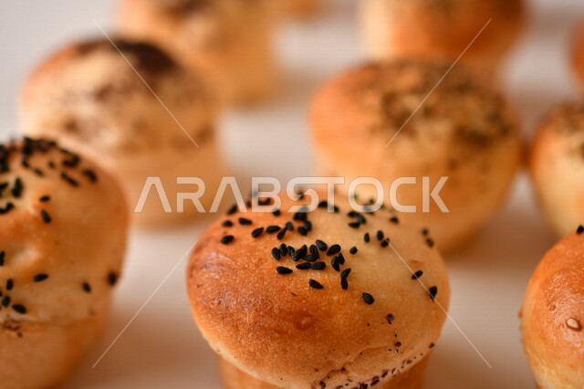 Variety of Delicious Hot Bakery, Fresh Popular Bakery, Bakery and Pastry, Stuffed Hollow Cake Discs, Delicious Food, White Background