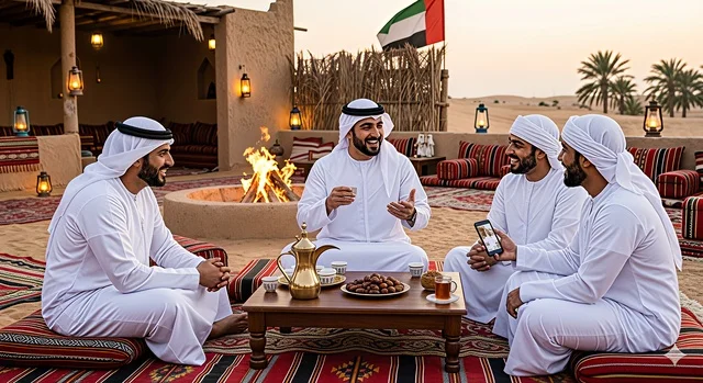 Emirati Men in Desert Camp Majlis UAE Emirati Men in Desert Camp Majlis UAE