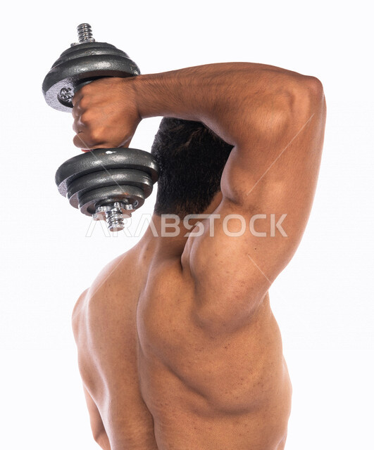 بورتريه من الخلف لشاب عربي خليجي سعودي يقوم بممارسة التمارين الرياضية مع الدمبل ، نشاط بدني للمحافظة على الصحة و اللياقة الجسدية ، تقوية عضلات الجسم و بنائها ، تمارين رفع الأثقال (دمبلز)، رفع الأوزان الحديدية الثقيلة ، كمال الأجسام ، لياقة و رشاقة