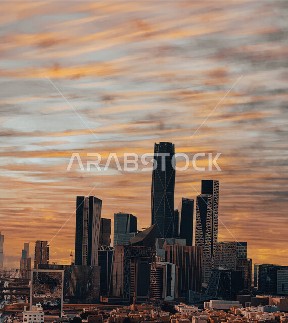Aesthetic image at sunset of King Abdullah Financial Center (KAFED) in Riyadh, Saudi Arabia, towers and skyscrapers in Riyadh, splendor of architectural art, famous tourist attractions in Saudi Arabia