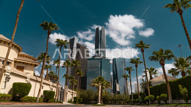 An aesthetic image of the King Abdullah Financial District (KAFED) in Riyadh, Saudi Arabia, the towers and skyscrapers in Riyadh, the splendor of architectural engineering, the famous tourist attractions in Saudi Arabia
