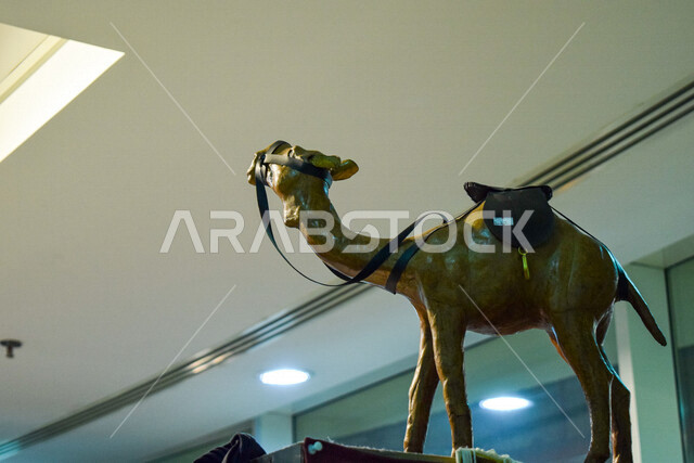 A picture of a camel anthropomorphic inside one of the museums of the United Arab Emirates, heritage and folklore, old means of transportation, transportation and travel