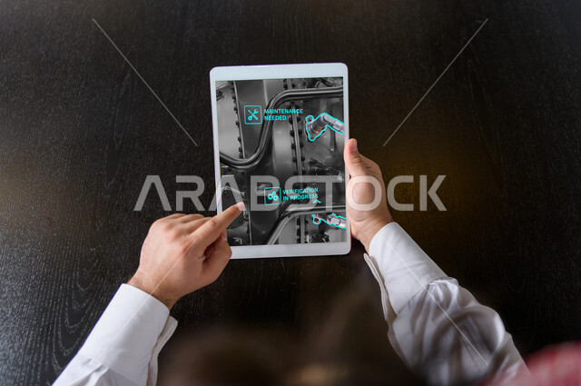 صورة مقربة ليد رجل عربي خليجي سعودي يستخدم التابليت في تصفح تطبيق خاص بفحص قطع غيار السيارات، مجموعة من الايقونات الخاصة بقطع السيارات، فحص السيارات من خلال التابليت، تقنيات مختلفة، خدمة تطبيق فحص قطع غيار السيارات