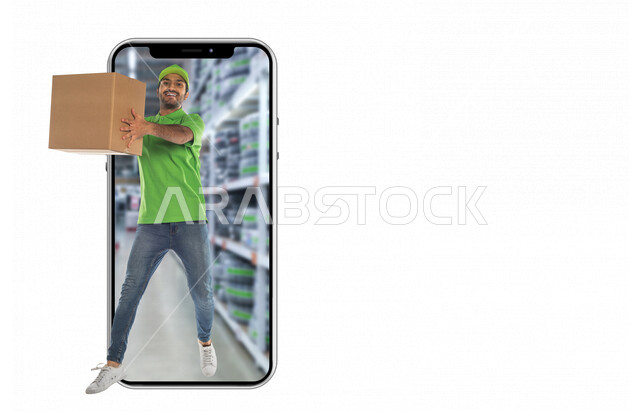 رجل عربي سعودي خليجي مبتسم على خلفية جوال يرتدي زي موظف توصيل الطلبات ، يعمل في توصيل الطلبات و البضائع للزبائن ، التسوق الالكتروني ، التسوق الذكي ، مندوب توصيل ، تأكيد الحجوزات عن طريق الهاتف المحمول ، طلبات أونلاين سريعة و موثوقة 