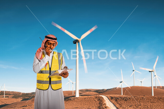 مهندس كهربائي عربي خليجي سعودي يرتدي الزي السعودي التقليدي و سترة الحماية خاصة بالعمل ، يستخدم جهاز اتصال لاسلكي بإيماءات وجه تدل على التركيز ، الطاقة الخضراء ، طواحين الهواء ، طاقة متجددة ، الإشراف على المشاريع ، إعطاء أوامر خاصة بالعمل ، مفهوم تكنولوجيا