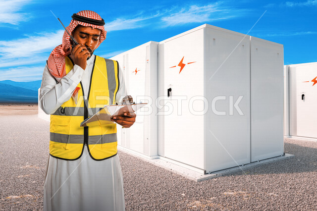 مهندس كهربائي عربي خليجي سعودي يرتدي الزي السعودي التقليدي و سترة الحماية خاصة بالعمل ، يستخدم جهاز اتصال لاسلكي بإيماءات وجه تدل على التركيز ، إنتاج الطاقة الكهربائية ، مولدات كهربائية ، الإشراف على المشاريع ، إرسال الأوامر و الإرشادات الخاصة بالعمل 