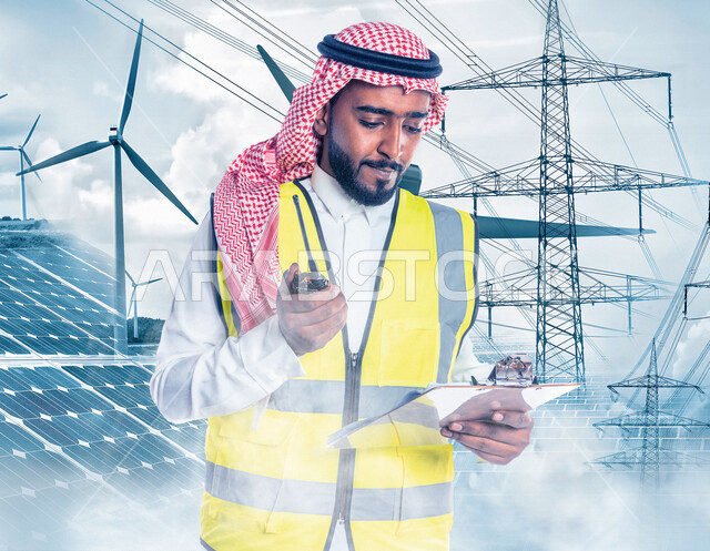 A Saudi Arabian Gulf electrical engineer wears the traditional Saudi dress and protective jacket for work, uses a walkie-talkie with facial gestures to indicate focus, panels for solar cells to generate electricity and windmills, supervise projects, give 