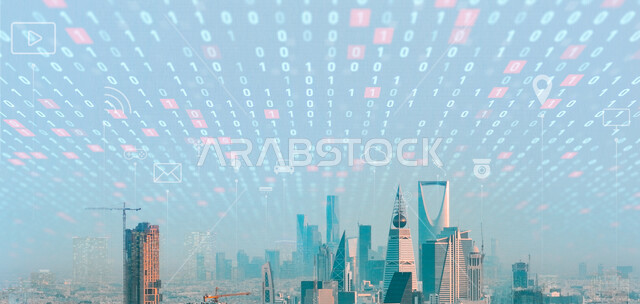 أبراج و ناطحات السحاب الرياض في السعودية مدموجة مجموعة من لغات الرمجة و أيقونات خاصة بتطبيقات الحاسوب و الإنترنت ، النهضة الاقتصادية و العمرانية في السعودية ، قطاع تكنولوجيا المعلومات الرقمية و الإتصالات في السعودية ، رؤية 2030