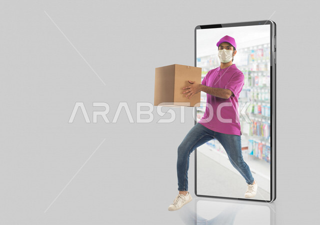 رجل عربي سعودي خليجي على خلفية جوال يرتدي زي موظف توصيل الطلبات ، يقوم بإتباع إجراءات الوقاية و السلامة بإرتداء الكمامة ، يعمل في توصيل الطلبات و البضائع للزبائن ، التسوق الالكتروني ، التسوق الذكي ، مندوب توصيل ، تأكيد الحجوزات ، طلبات أونلاين سريعة 