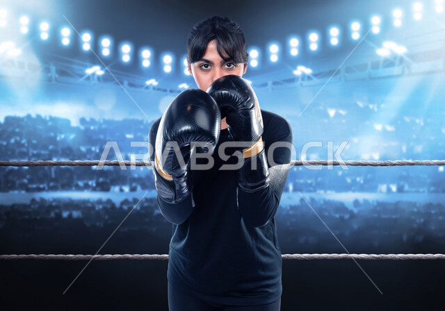 فتاة عربية سعودية داخل حلبة المصارعة، ترتدي زي الملاكمة وقفازات الملاكمة، التدرب على حركات قتالية، فنون قتالية، رياضات القتال والدفاع عن النفس، الملاكمة والمصارعة، رياضة الملاكمة النسائية في السعودية، نادي رياضي نسائي، بطولات رياضة الملاكمة النسائية