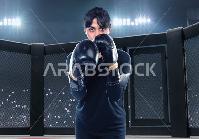 فتاة عربية سعودية داخل حلبة المصارعة، ترتدي زي الملاكمة وقفازات الملاكمة، التدرب على حركات قتالية، فنون قتالية، رياضات القتال والدفاع عن النفس، الملاكمة والمصارعة، رياضة الملاكمة النسائية في السعودية، نادي رياضي نسائي، بطولات رياضة الملاكمة النسائية